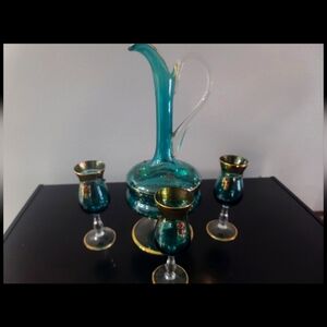 Vintage Murano Aqua Blue Gold Decanter.